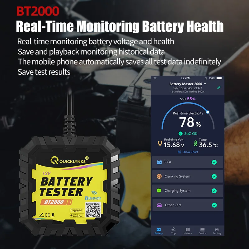 QUICKLYNKS 자동차 배터리 테스터 모니터, 무선 블루투스 자동 배터리 분석기, CCA 테스트, IOS 안드로이드용 무료 업데이트, BT2000, 12V