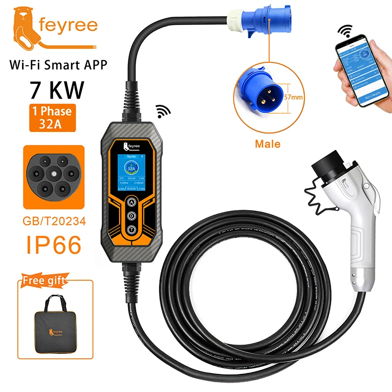 Feyree GB/T 휴대용 EV 충전기, 전기차용 CEE 플러그, 1 상 앱 블루투스 버전, EVSE 11KW, 16A, 3 상 케이블, 5m, 32A, 7KW title=Feyree GB/T 휴대용 EV 충전기, 전기차용 CEE 플러그, 1 상 앱 블루투스 버전, EVSE 11KW, 16A, 3 상 케이블, 5m, 32A, 7KW 