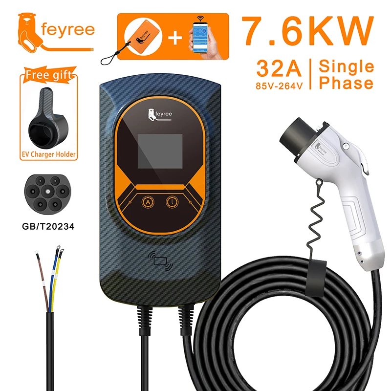 Feyree EV 충전기 GB/T 소켓 EVSE 월박스, 전기차 앱 제어 충전 스테이션, 7.6KW, 5m 케이블, 32A, 22KW, 3 상 16A, 11KW