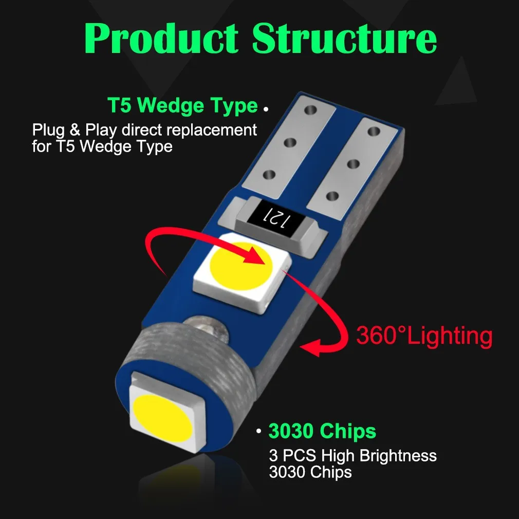 에어컨 단추 조명 계기 LED 조명 대시 보드 경고 표시기 단추, T5 LED 전구, W3W, W1.2W, 10 개