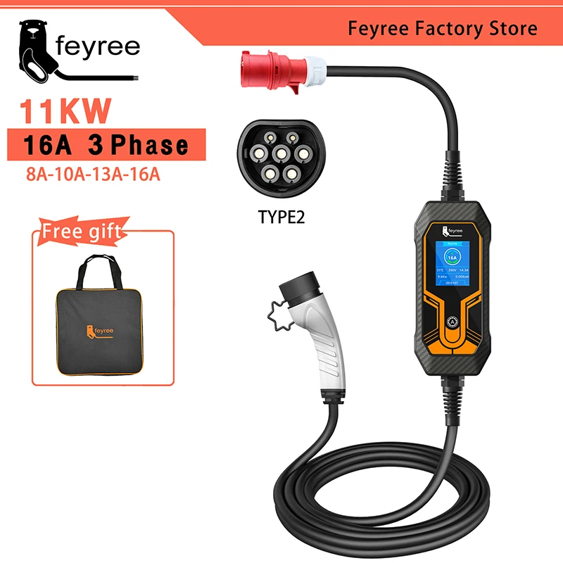 Feyree 휴대용 3 상 EV 충전기, EVSE 충전 박스, 전기 자동차용 CEE 플러그, 타입 2, 5m 케이블, 11KW 16A