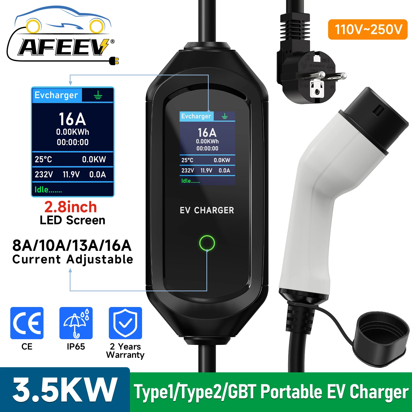 AFEEV 휴대용 EV 충전기 타입 2 IEC62196-2 16A EVSE 고속 충전 케이블 타입 1 SAE J1772 월박스 3.5KW GBT 전기차 충전기 title=AFEEV 휴대용 EV 충전기 타입 2 IEC62196-2 16A EVSE 고속 충전 케이블 타입 1 SAE J1772 월박스 3.5KW GBT 전기차 충전기 