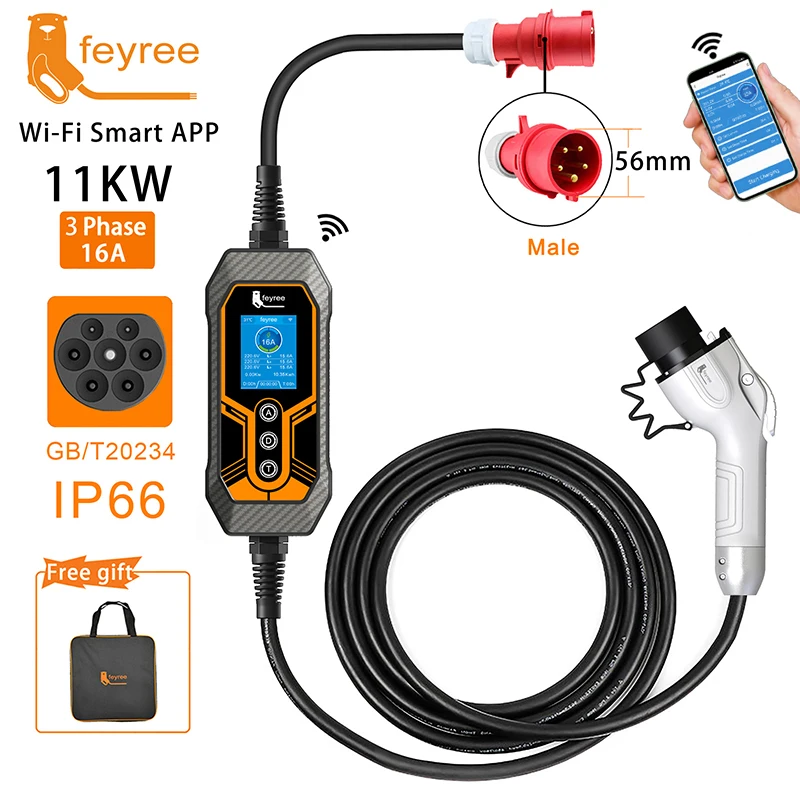 Feyree GB/T 휴대용 EV 충전기, 전기차용 CEE 플러그, 1 상 앱 블루투스 버전, EVSE 11KW, 16A, 3 상 케이블, 5m, 32A, 7KW