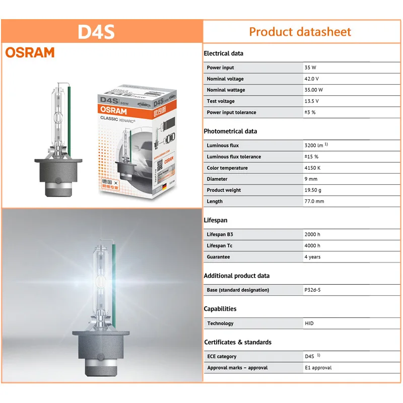 OSRAM 66240 66340 66440 CLC 제논 HID 클래식 오리지널 자동차 헤드라이트, 4200K 표준 백색광, D1S D2S D3S D4S 66140, 2 개