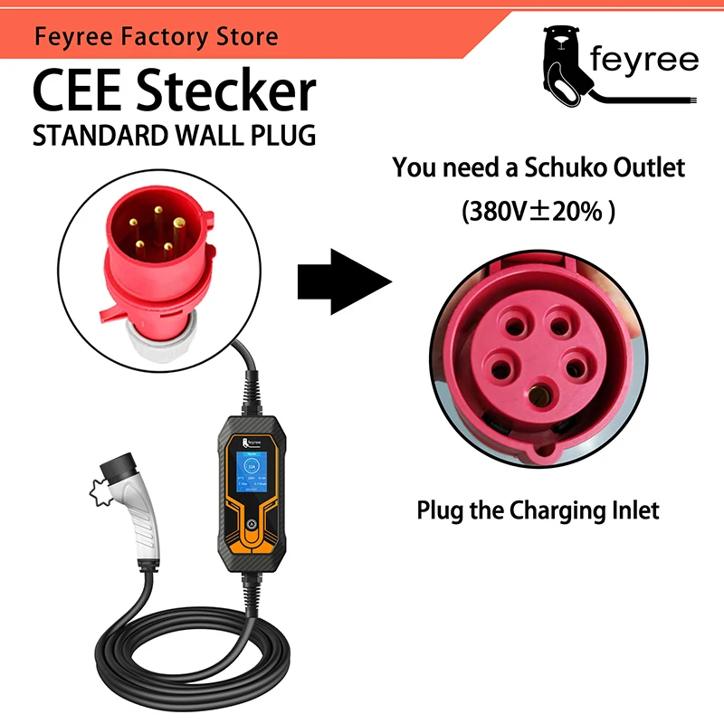 Feyree 휴대용 3 상 EV 충전기, EVSE 충전 박스, 전기 자동차용 CEE 플러그, 타입 2, 5m 케이블, 11KW 16A