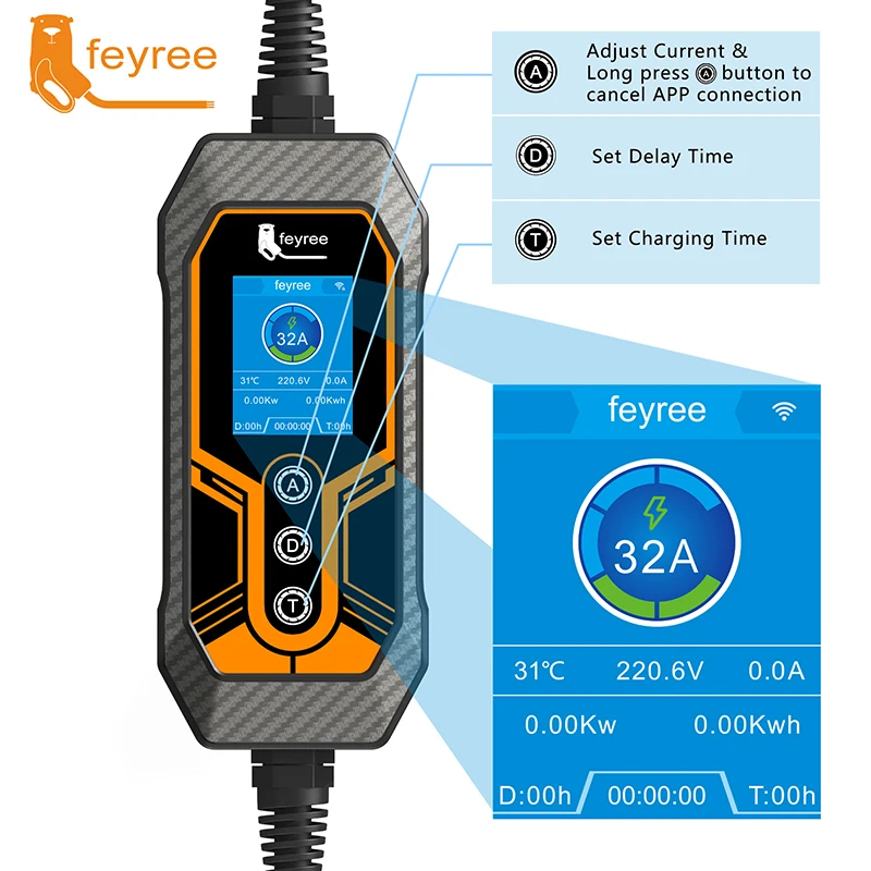 Feyree GB/T 휴대용 EV 충전기, 전기차용 CEE 플러그, 1 상 앱 블루투스 버전, EVSE 11KW, 16A, 3 상 케이블, 5m, 32A, 7KW