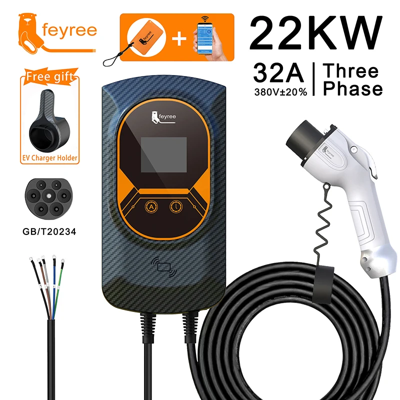 Feyree EV 충전기 GB/T 소켓 EVSE 월박스, 전기차 앱 제어 충전 스테이션, 7.6KW, 5m 케이블, 32A, 22KW, 3 상 16A, 11KW