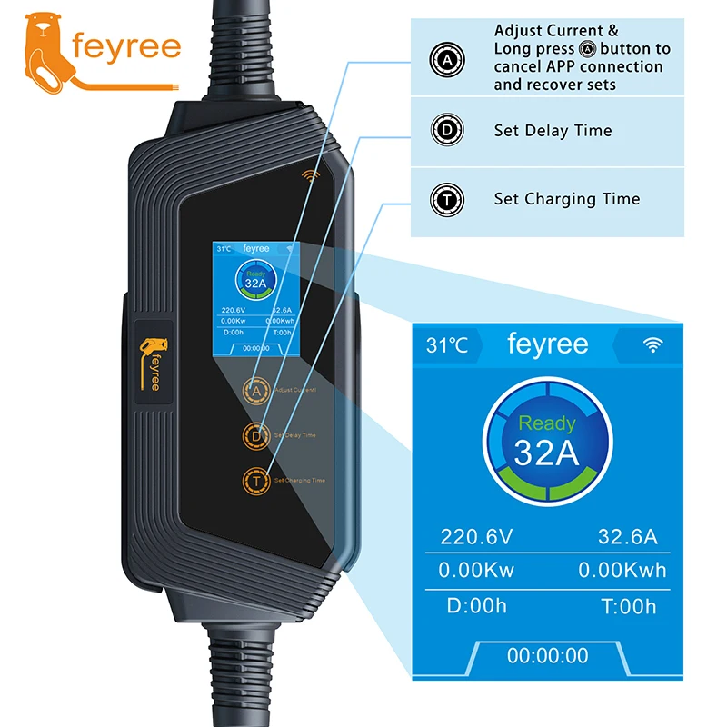 Feyree 전기 자동차용 휴대용 EV 충전기, 스마트 앱 와이파이 제어 버전, 5m 케이블 포함, 7KW 32A 1 상 J1772 소켓