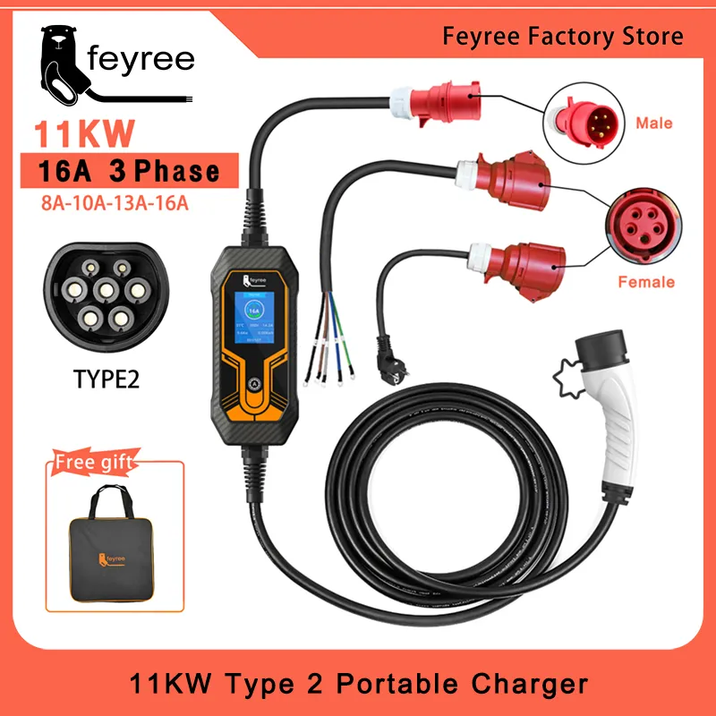 Feyree 휴대용 3 상 EV 충전기, EVSE 충전 박스, 전기 자동차용 CEE 플러그, 타입 2, 5m 케이블, 11KW 16A title=Feyree 휴대용 3 상 EV 충전기, EVSE 충전 박스, 전기 자동차용 CEE 플러그, 타입 2, 5m 케이블, 11KW 16A 