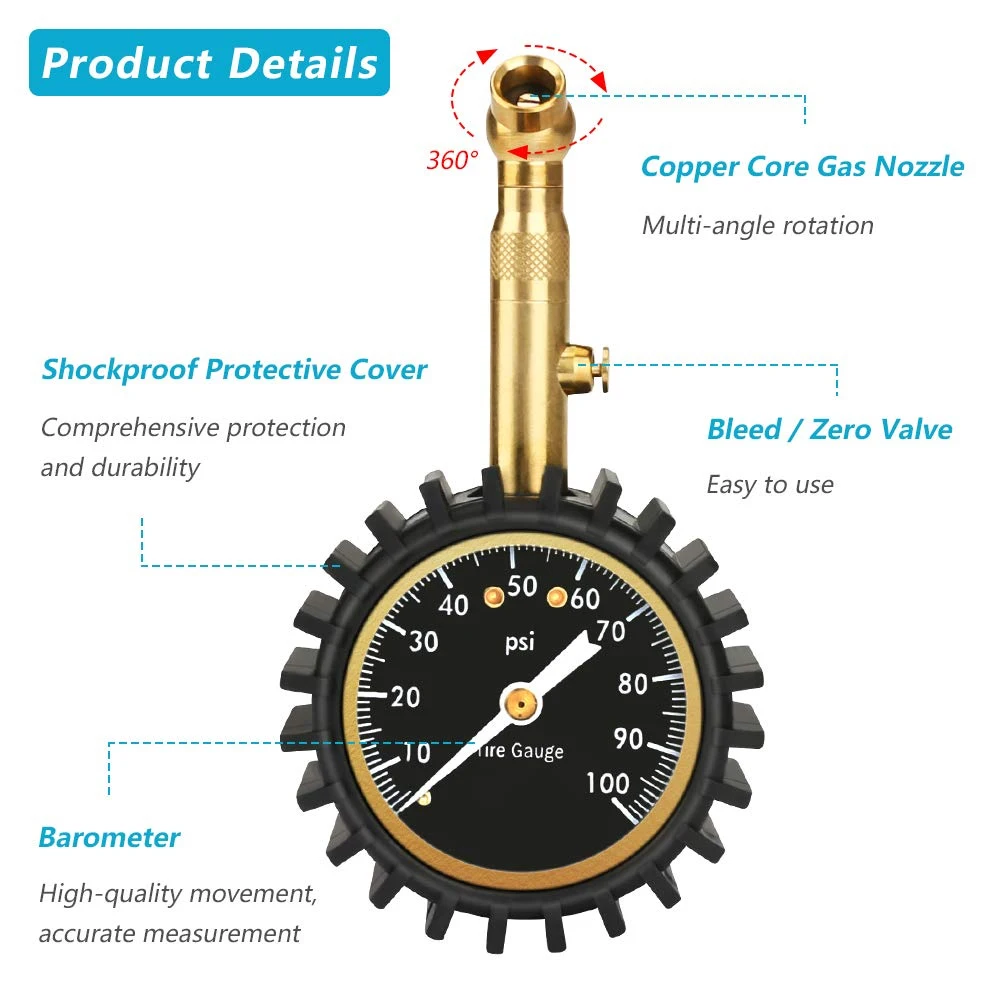 자동차 타이어 압력 게이지 (0-100 PSI), 헤비 듀티 타이어 게이지, 정확하고 읽기 쉬운 글로우 다이얼, 저기압 및 고기압 게이지