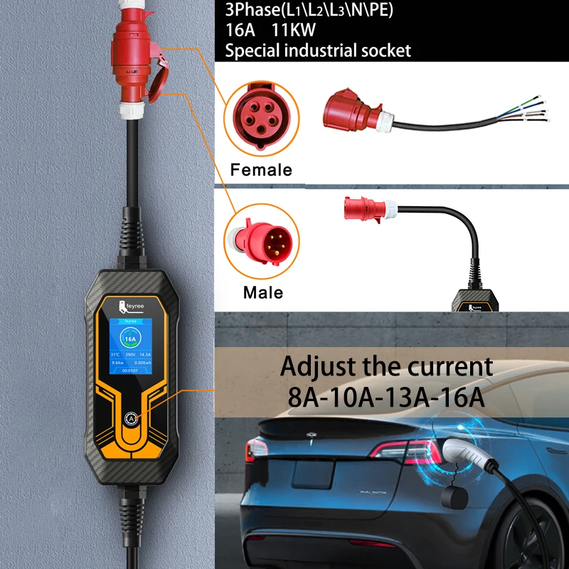 Feyree 휴대용 3 상 EV 충전기, EVSE 충전 박스, 전기 자동차용 CEE 플러그, 타입 2, 5m 케이블, 11KW 16A