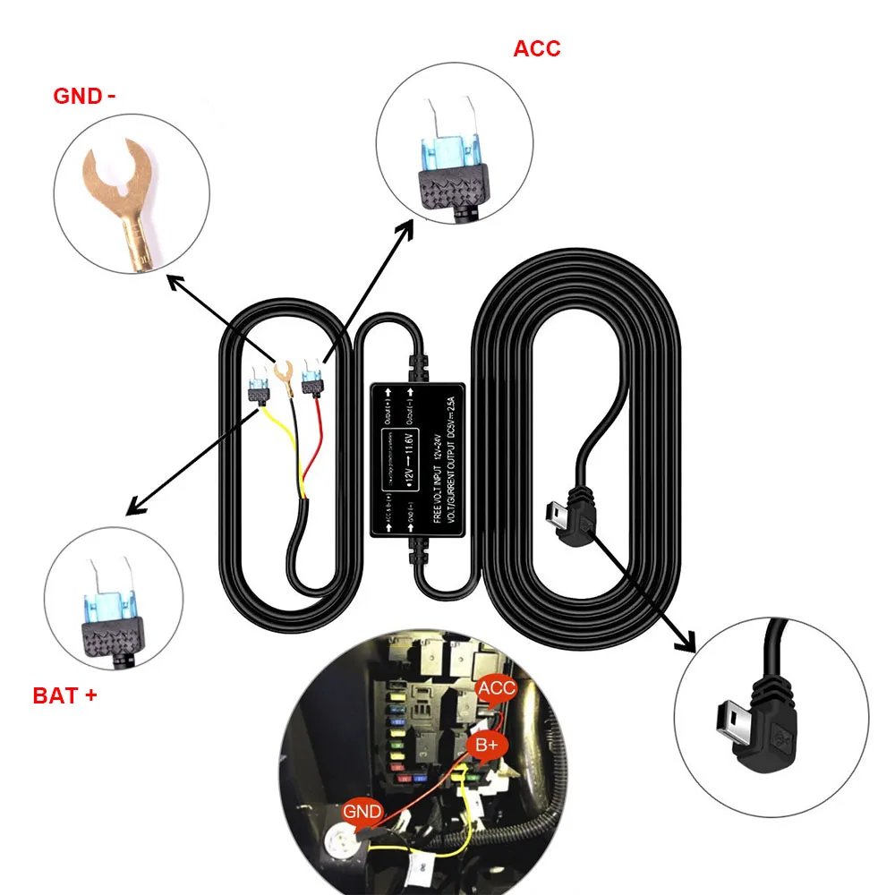 HGDO 대시 캠 하드 와이어 키트 미니 USB 포트 DC 12/24V 5V 자동차 충전기 3A 24H 주차 모니터 벅 라인 DVRS GPS 레코더