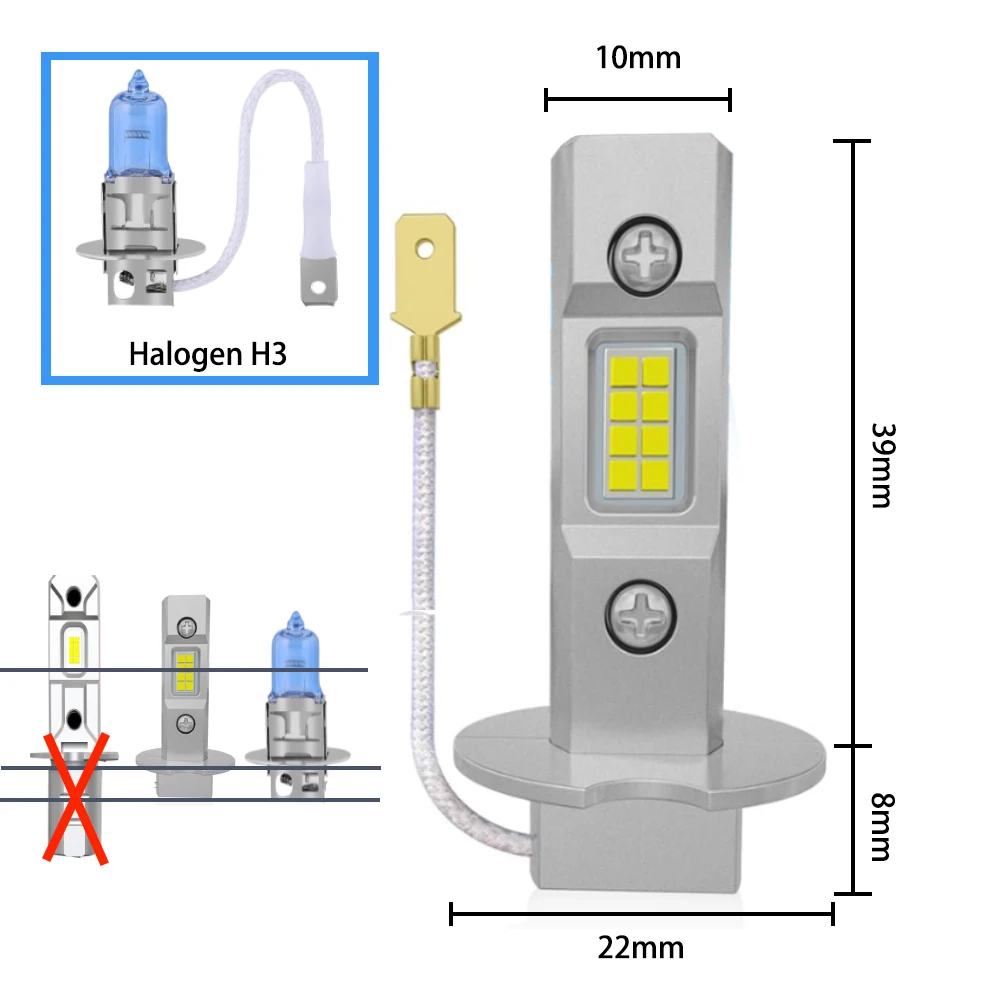 H3 LED 안개등 전구, 6500K, 300% 밝은 CSP 칩, 1:1 미니 사이즈, 플러그 앤 플레이, 안개등용 LED 전구, DRL, 12-24V