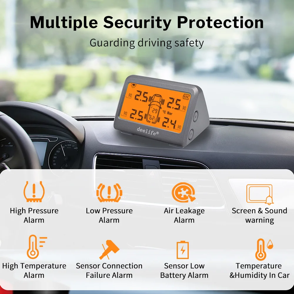 Deelife-자동차 TPMS 태양열 타이어 압력 모니터링 시스템, 0-8 Bar 타이어 압력 경고 4 개, 센서, 4 륜 구동