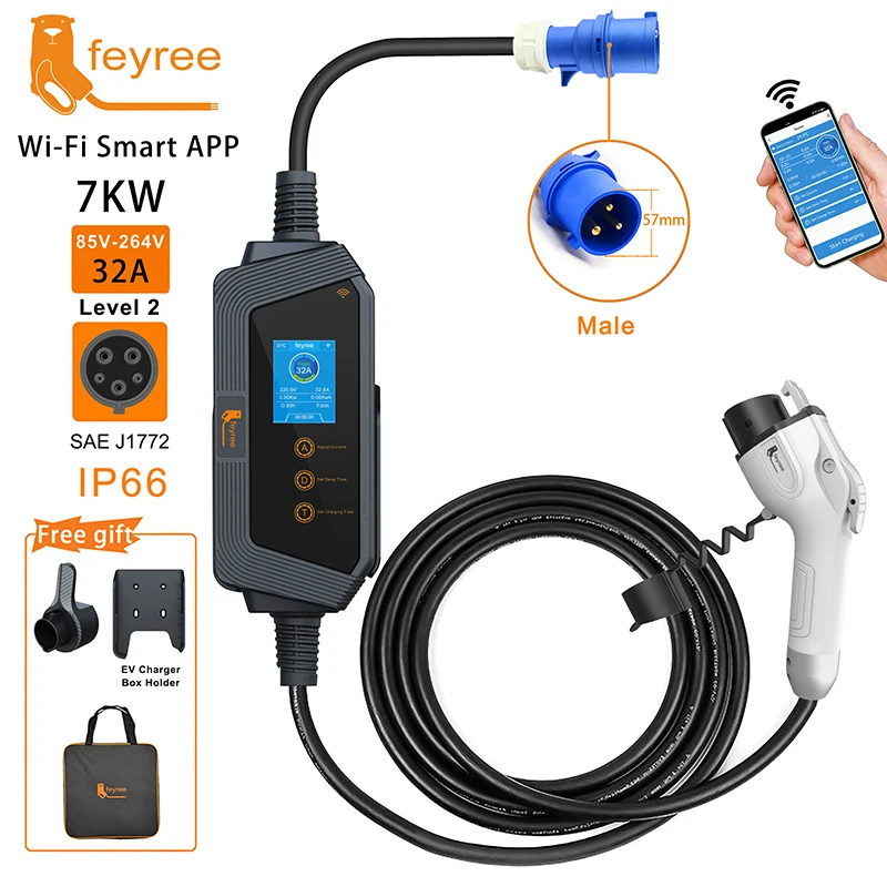 Feyree 전기 자동차용 휴대용 EV 충전기, 스마트 앱 와이파이 제어 버전, 5m 케이블 포함, 7KW 32A 1 상 J1772 소켓 title=Feyree 전기 자동차용 휴대용 EV 충전기, 스마트 앱 와이파이 제어 버전, 5m 케이블 포함, 7KW 32A 1 상 J1772 소켓 