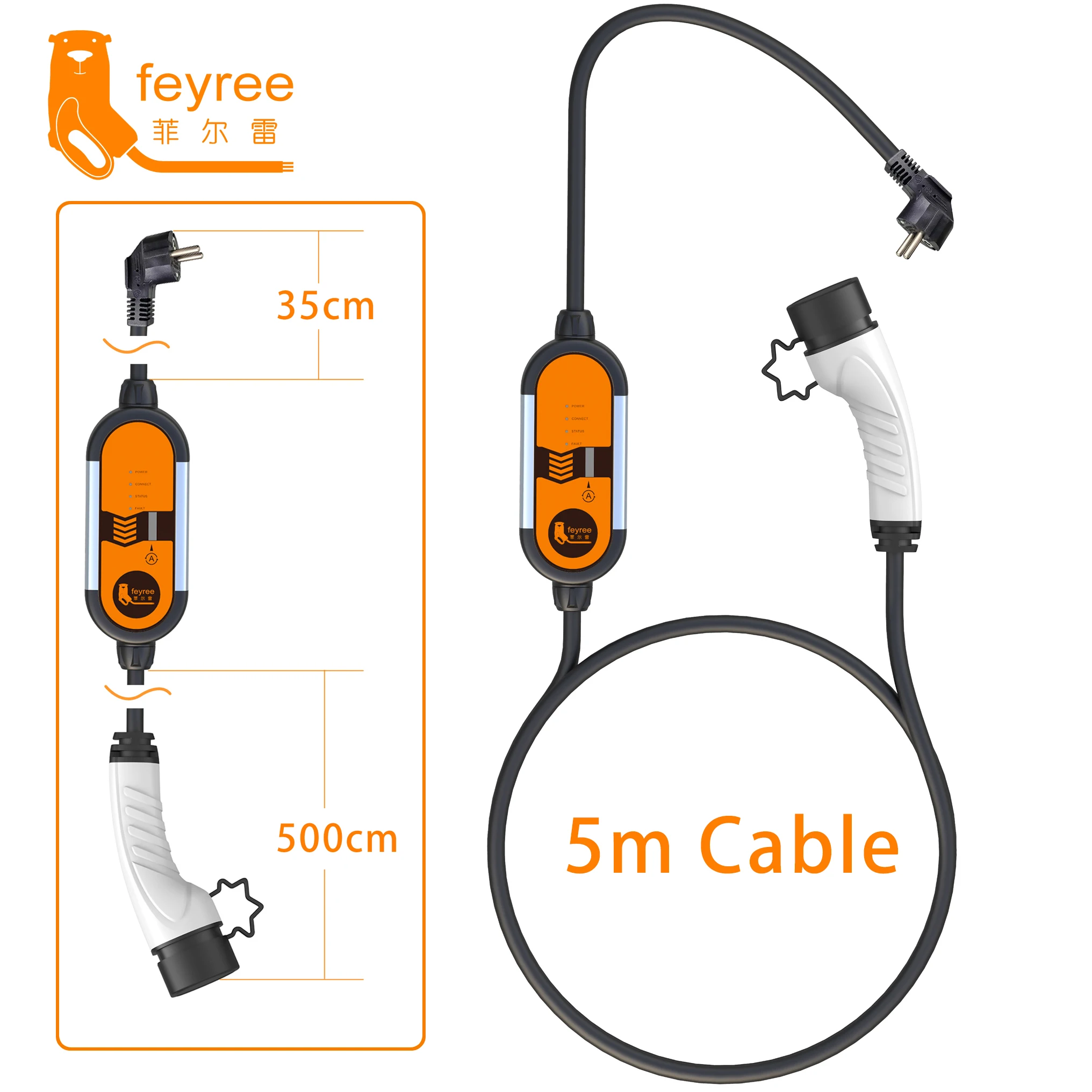 Feyree EV 휴대용 충전기 타입 2, 5m 케이블, 3.5KW 16A IEC62196 소켓, 단상 타입 1 j1772 소켓, 전기자동차용 슈코 플러그 포함