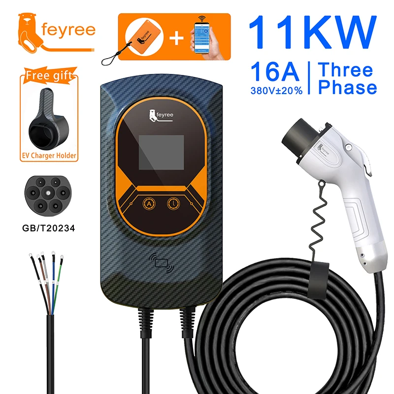 Feyree EV 충전기 GB/T 소켓 EVSE 월박스, 전기차 앱 제어 충전 스테이션, 7.6KW, 5m 케이블, 32A, 22KW, 3 상 16A, 11KW