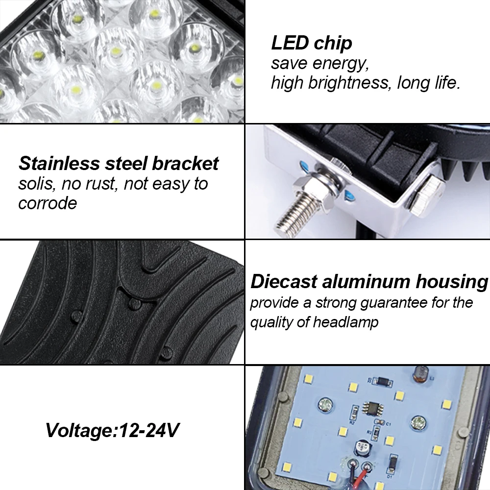 미니 LED 작업등 사각형 스포트라이트, 트럭 오프로드 안개등용 자동차 헤드라이트, 야간 운전 작업등, 48W, 12 V, 24V, 8 개, 6 개, 4 개, 2 개