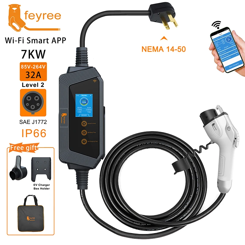 Feyree 전기 자동차용 휴대용 EV 충전기, 스마트 앱 와이파이 제어 버전, 5m 케이블 포함, 7KW 32A 1 상 J1772 소켓