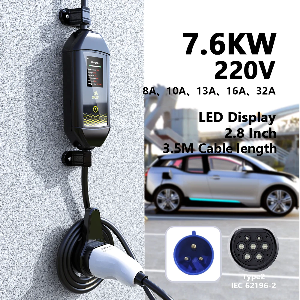 전기 자동차 월박스 여행용 EV 휴대용 충전기, GWUYU M62 타입 2 IEC62196-2, 7KW, 32A, 220V, 2.8 인치 LED 스크린