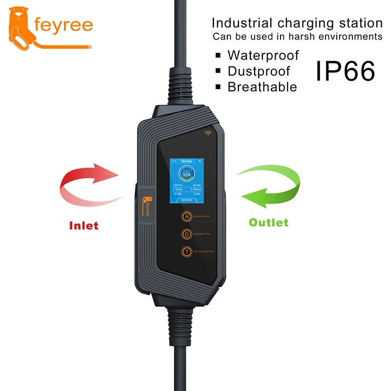 Feyree 전기 자동차용 휴대용 EV 충전기, 스마트 앱 와이파이 제어 버전, 5m 케이블 포함, 7KW 32A 1 상 J1772 소켓