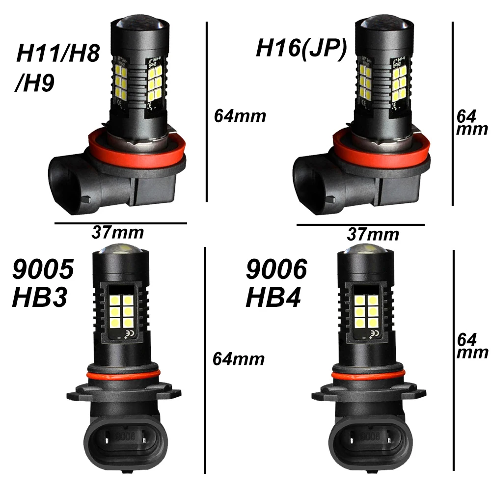 자동차 주행 DRL 자동 램프, H8 H11 LED 전구, HB4 9006 HB3 9005 H16 jp LED 안개등, 6000k 화이트 12V 1200LM, 2 개