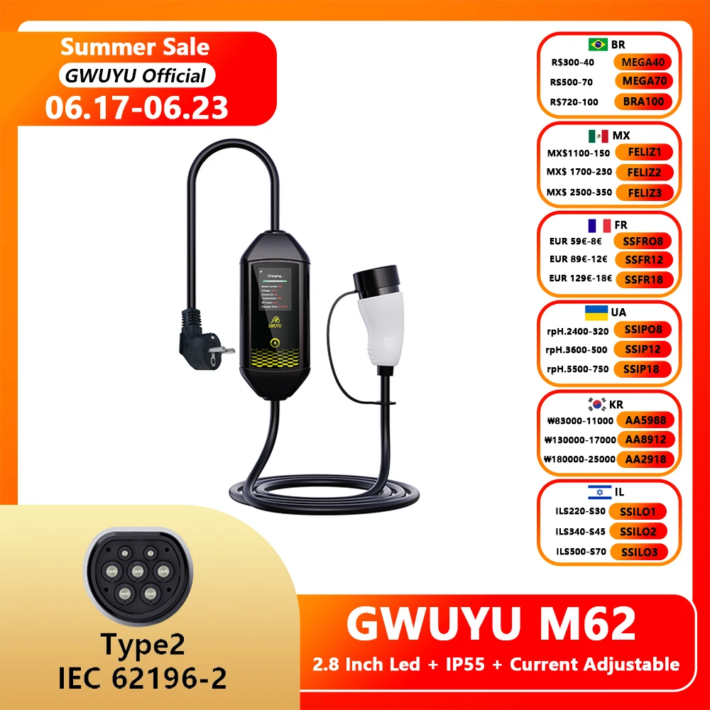 전기 자동차 월박스 여행용 EV 휴대용 충전기, GWUYU M62 타입 2 IEC62196-2, 7KW, 32A, 220V, 2.8 인치 LED 스크린 title=전기 자동차 월박스 여행용 EV 휴대용 충전기, GWUYU M62 타입 2 IEC62196-2, 7KW, 32A, 220V, 2.8 인치 LED 스크린 