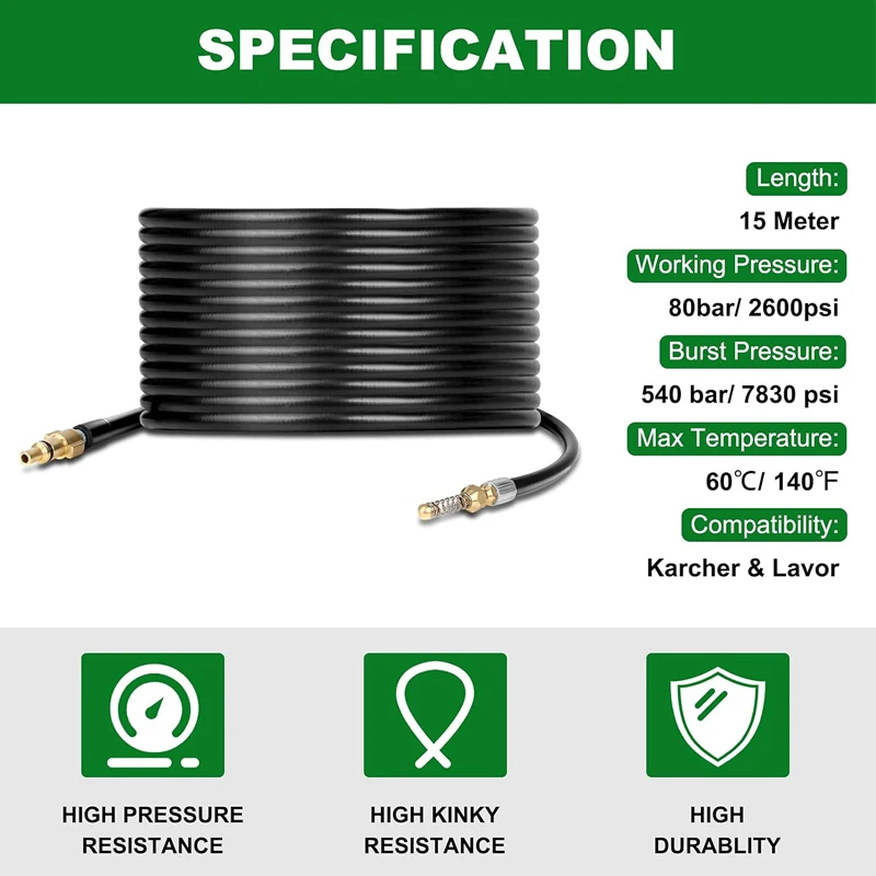 카처 보쉬 닐피스크 파크사이드 건용 고압 세척기, 하수관 및 하수관 청소 호스, 6M