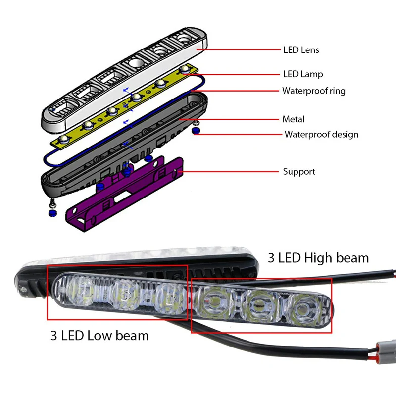 2PCS 자동차 DRL 어셈블리 낮 실행 조명 안개 램프 6LED 차가운 흰색 12V 10000k 높은/낮은 빔 알루미늄 주택