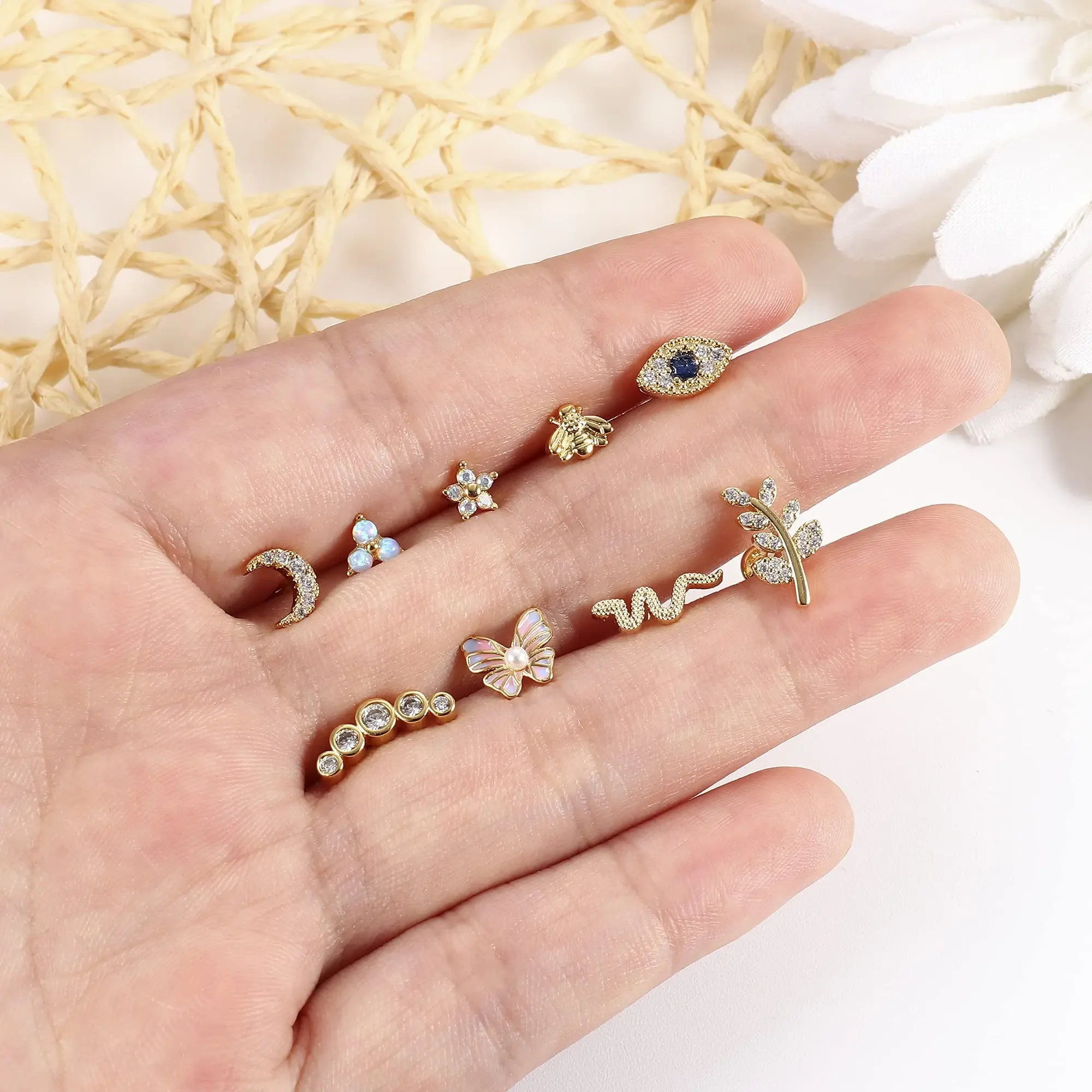 Drperfect 여성용 연골 귀걸이 스터드, 스테인리스 스틸, 플랫 백, 나비 달, 꽃 나선, 이주 피어싱 쥬얼리, 16G