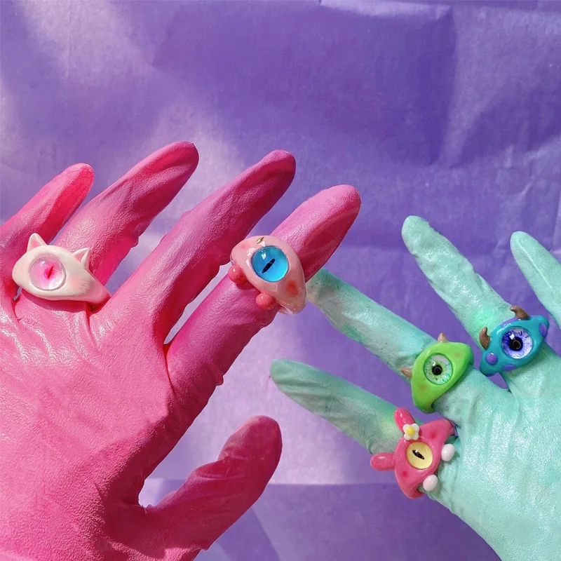 귀여운 펑크 눈 반지, 녹색 몬스터 반지, 여성 패션, 달콤한 2 색 고양이 눈 오픈 커플 반지, 파티 손가락 액세서리