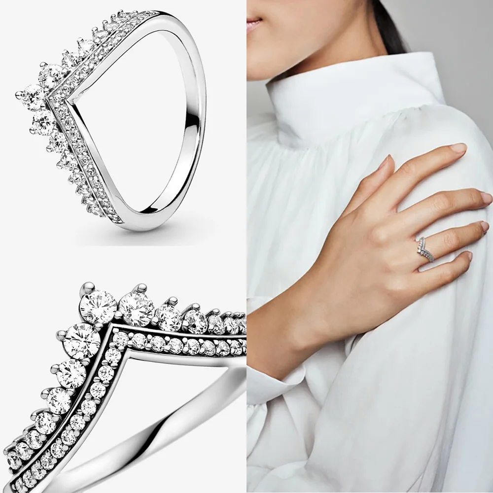 정통 925 스털링 실버 공주 티아라 크라운 스파클링 러브 하트, CZ 반지 여성용 약혼 보석 기념일