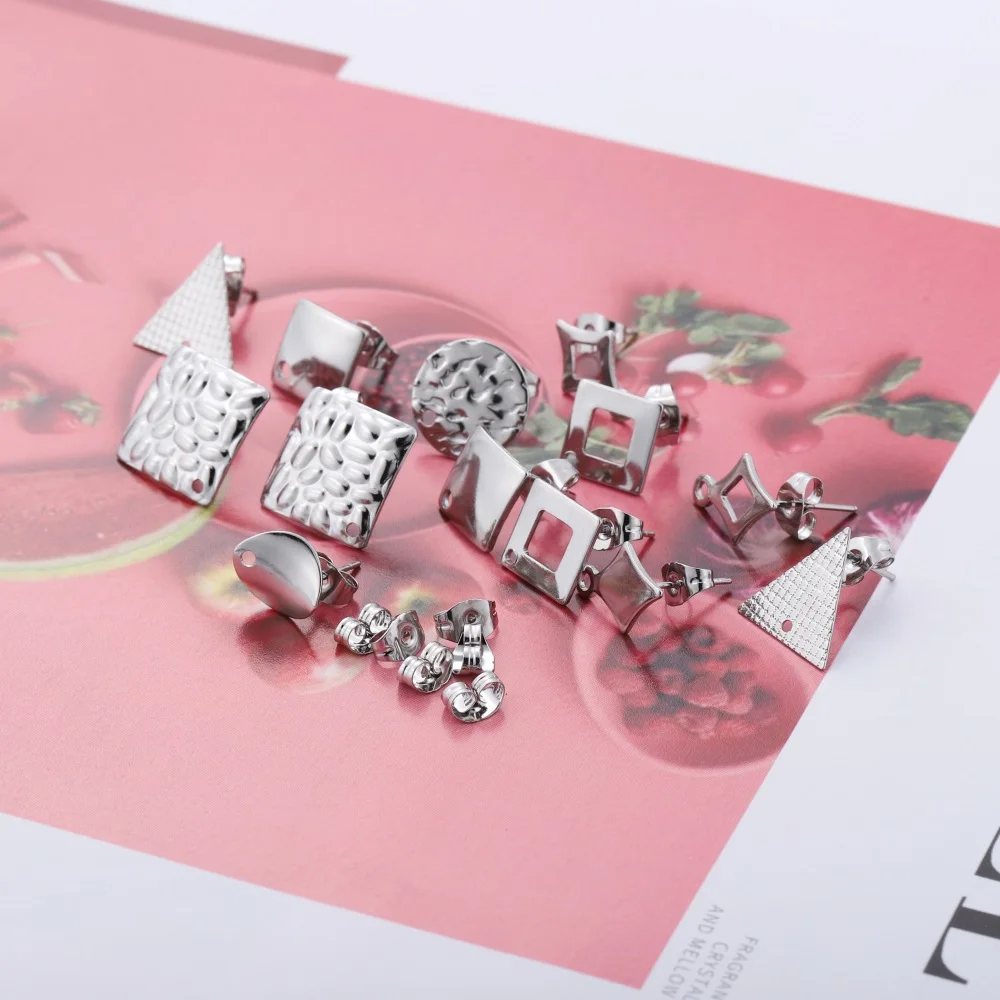 DIY 쥬얼리 제작 액세서리용 구멍 커넥터가 있는 기하학적 잎 귀걸이 스터드 10 개/묶음, 스테인레스 스틸