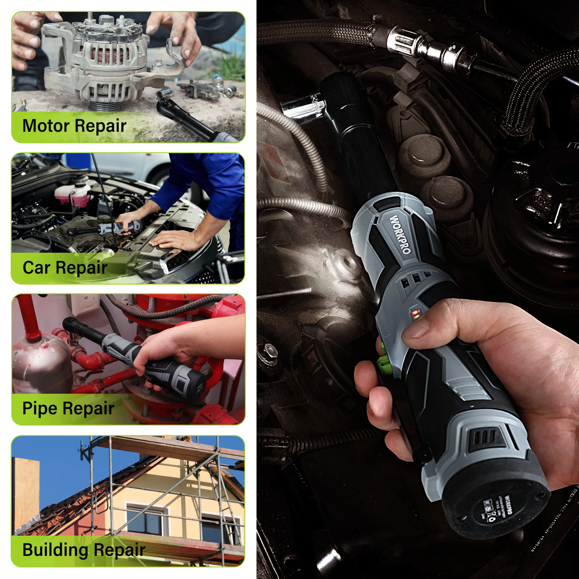 WORKPRO 전기 래칫 렌치, 리튬 이온 확장 래칫 렌치, 나사 제거용 3/8 인치 무선 래칫 도구 키트, 55N.m, 12V