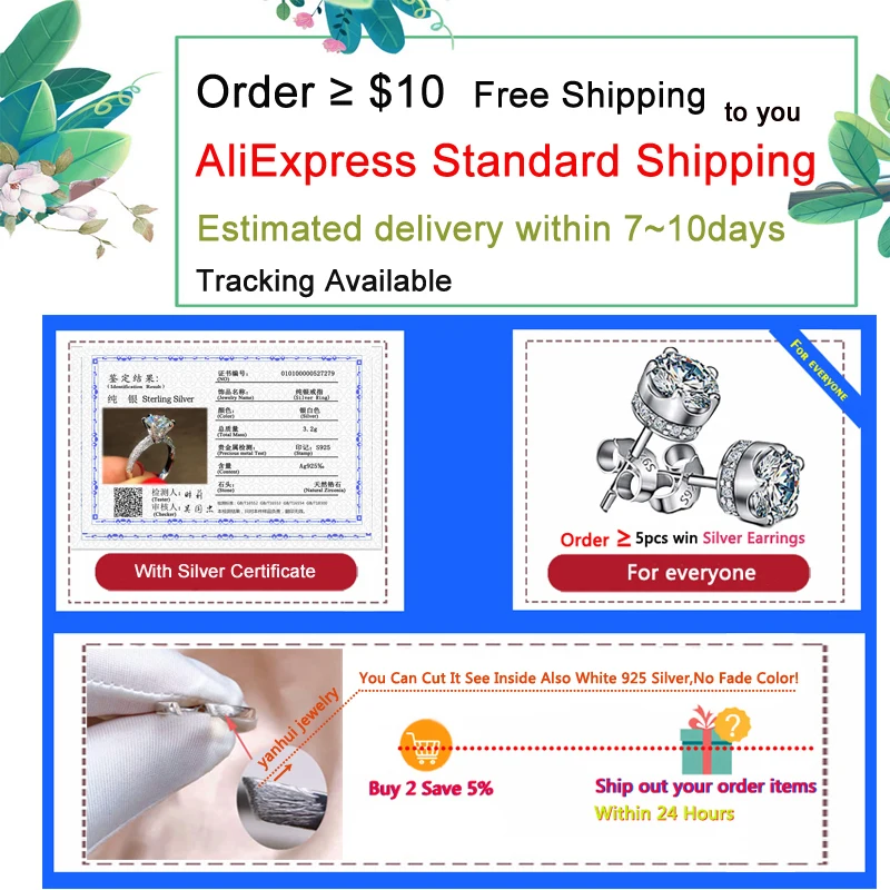 인증서 포함 럭셔리 솔리드 925 실버 반지, 하이 퀄리티 지르콘 다이아몬드 웨딩 밴드, 약혼 반지, 여성용 선물 쥬얼리