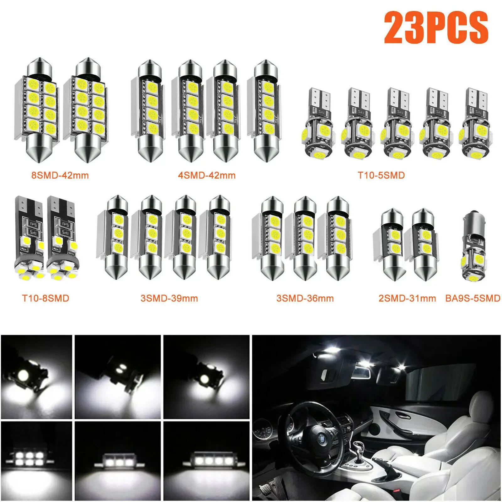 차량용 LED 전구 인테리어 돔 트렁크 번호판 램프 키트, Bmw E53 E60 E90 용 흰색 LED 램프, T10 5050, 23 개 title=차량용 LED 전구 인테리어 돔 트렁크 번호판 램프 키트, Bmw E53 E60 E90 용 흰색 LED 램프, T10 5050, 23 개 