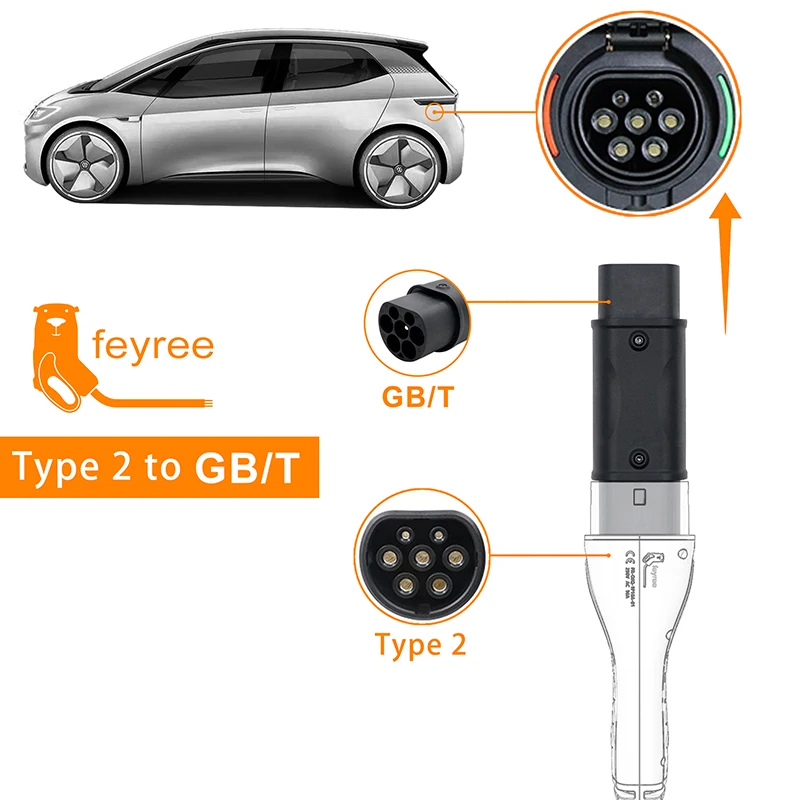 Feyree 전기 자동차 충전 소켓용 충전기 컨버터, 타입 2 에서 GB/T 어댑터, 1 상 IEC 62196-2, 32A, 7KW, 32A, 22KW, 3 상 title=Feyree 전기 자동차 충전 소켓용 충전기 컨버터, 타입 2 에서 GB/T 어댑터, 1 상 IEC 62196-2, 32A, 7KW, 32A, 22KW, 3 상 