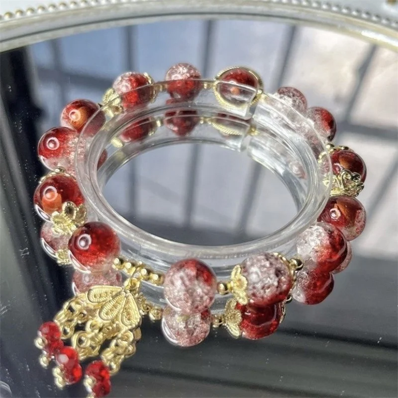 여성용 심플 그린 팝콘 크리스탈 팔찌, 한국 인 꽃 여우 깃털 태슬 팔찌, 우정 쥬얼리 선물