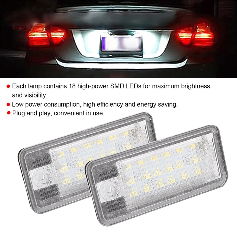 1 쌍 18 LED 번호판 조명, 크세논 화이트 3.5W, 아우디 A3 8P S3 A4 B6 B7 A6 S6 A8 RS4 Q7 7000K 번호판 조명