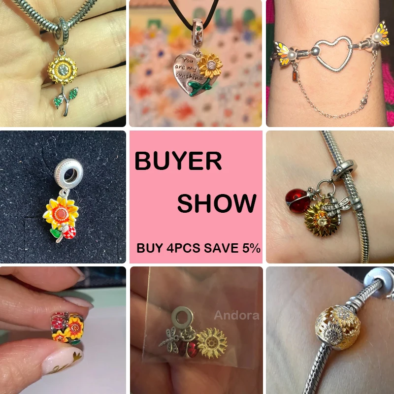 925 스털링 실버 패션 황금 해바라기 하트 비즈, 맞춤 판도라 925 오리지널 팔찌, 럭셔리 파티 DIY 쥬얼리