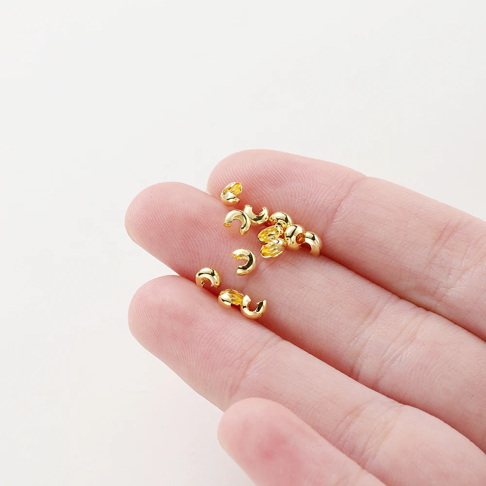 금도금 황동 오픈 크림프 비즈 커버, 크림프 엔드 비즈 스토퍼 스페이서 비드, DIY 보석 제작용, 50 개, 100 개, 3mm, 4mm, 5mm, 14K, 18K