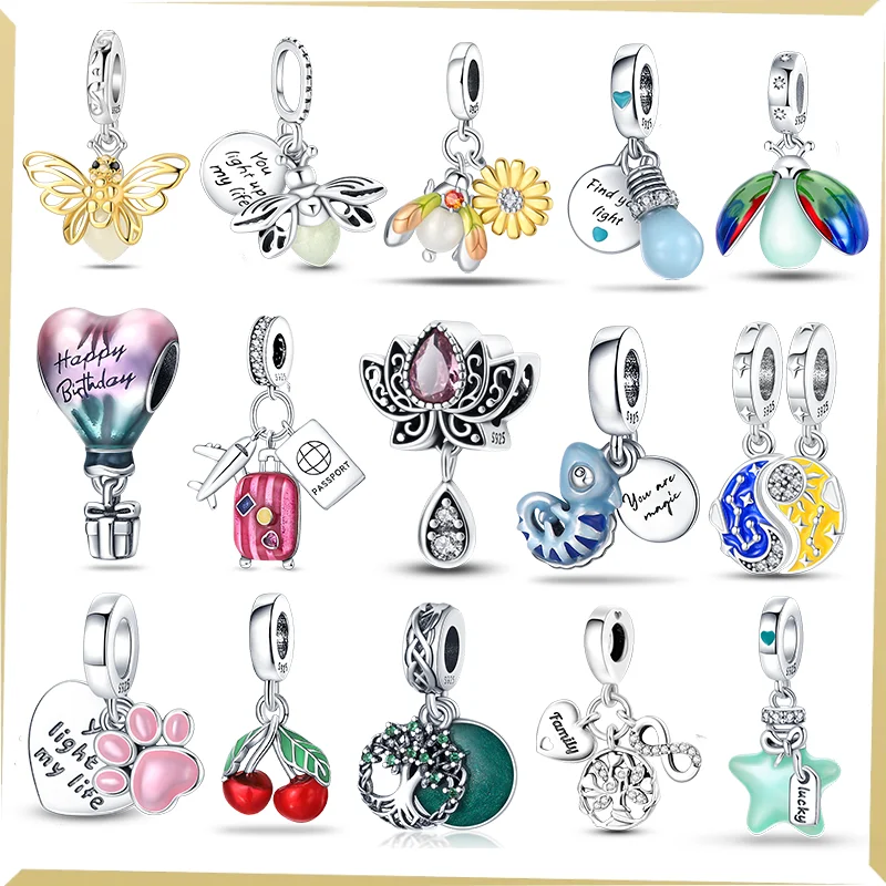 판도라 925 오리지널 팔찌, 카멜레온, 빛나는 반딧불 나비, 925 실버 참 비즈, 파인 DIY 주얼리 만들기