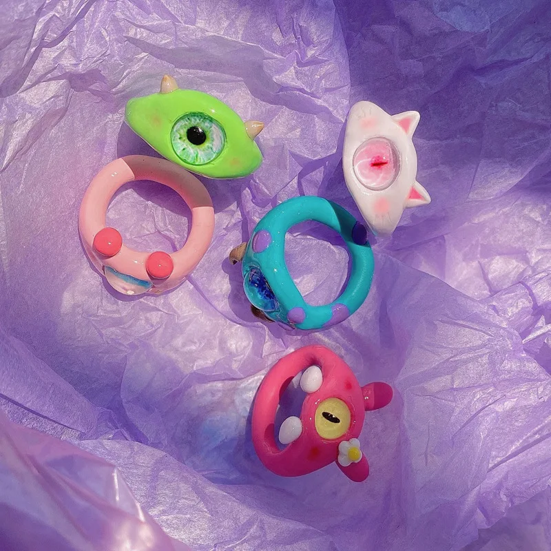 귀여운 펑크 눈 반지, 녹색 몬스터 반지, 여성 패션, 달콤한 2 색 고양이 눈 오픈 커플 반지, 파티 손가락 액세서리