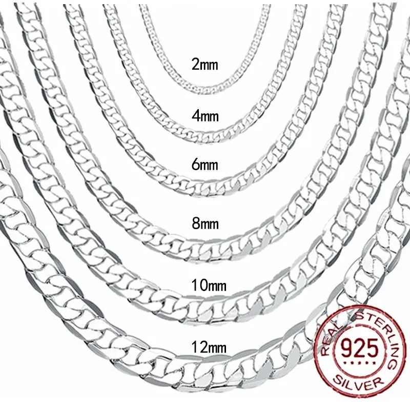 남성용 925 스털링 실버 목걸이, 페이스 체인 목걸이, 랍스터 걸쇠, 남녀 약혼 쥬얼리, 2mm, 4mm, 6mm, 8mm, 10mm, 12mm, 40-75cm