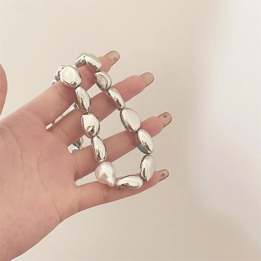 여성용 빈티지 실버 플레이트 기하학적 과장된 인공 진주 체인 목걸이, 여성 패션, 보호 Y2K 소녀 쥬얼리 선물