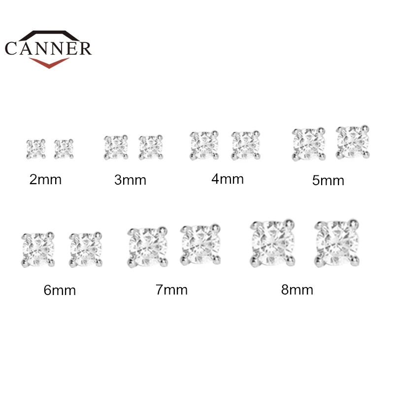 CANNER 2/3/4/5/6/7/8mm 925 스털링 실버 작은 지르콘 크리스탈 스터드 귀걸이 여성을위한 미니 피어싱 귀걸이 쥬얼리 펜던트