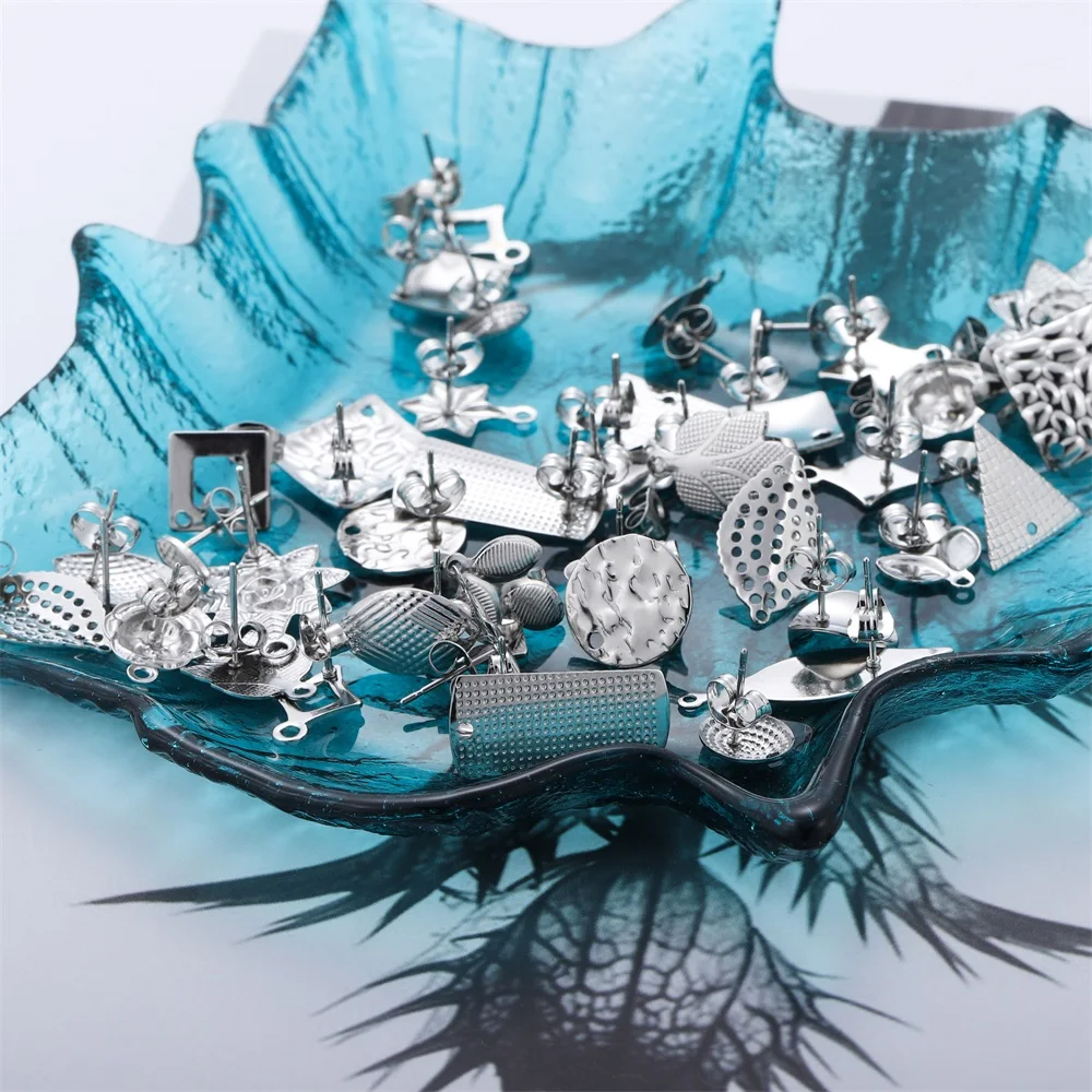 DIY 쥬얼리 제작 액세서리용 구멍 커넥터가 있는 기하학적 잎 귀걸이 스터드 10 개/묶음, 스테인레스 스틸