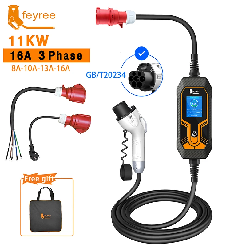 Feyree-GB/T 코드 11KW 16A 3 상 EV 휴대용 충전기, 5M 케이블, EVSE 충전 박스, 자동차 충전기, 전기 차량용 CEE 플러그 포함