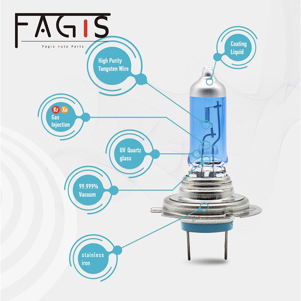 Fagis 자동차 헤드라이트, 자동차 할로겐 전구, 로우 빔 조명, 4800K 블루 쿼츠 유리, 매우 밝은 흰색, H7, 12V, 55W, 2 개
