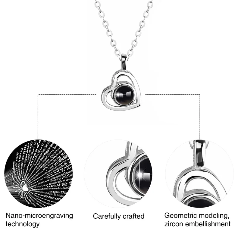 맞춤형 사진 프로젝션 목걸이, 사진 내부, I Love You 목걸이, 100 언어 맞춤형 하트 펜던트, 선물